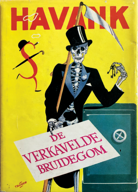 1952 Dutch pulp cover showing a skeleton in a suit and top hat, carrying a scythe. He is also carrying a placard that reads “DE VERKAVELDE BRUIDEGOM.”