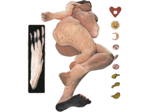Color illustration by Toma Vagner. A naked obese woman lies on her side. She is angled into the distance of the frame, with her feet looming in the foreground and her head almost hidden by her shoulder and breasts. Around her body are various small illustrative details, including potato chips and pills.