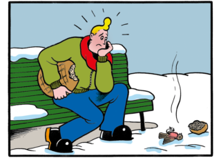 A concerned cowboy henk, holding a large loaf of bread, looks at a dead bird