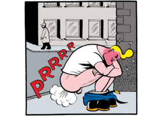 A redfaced cowboy henk, pants down on the street, farting as hard as he can