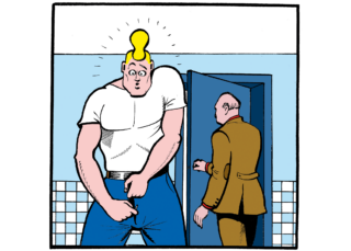 Cowboy Henk zipping up in the bathroom as a man in a suit leaves