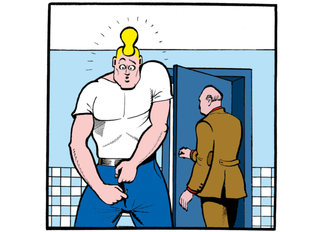 Cowboy Henk zipping up in the bathroom as a man in a suit leaves