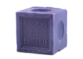 A purple block of soap. The text 
