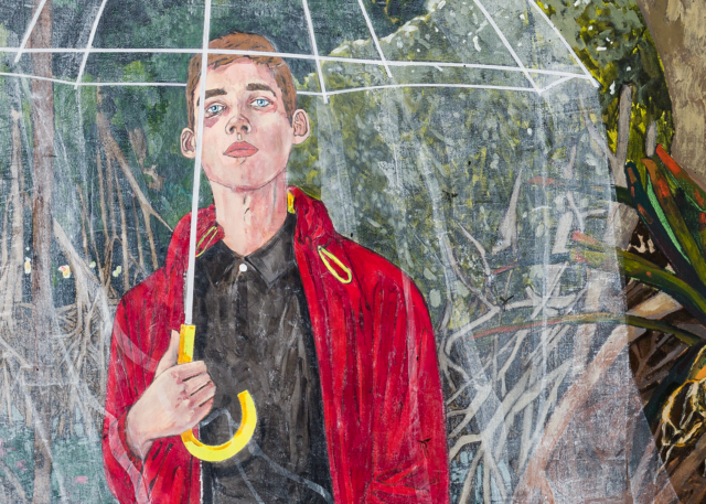 Acrylic painting by Hernan Bas. A waifish brunette boy stands on a boardwalk above a swamp. He is holding up a transparent umbrella, which also has a transparent netting attachment that extends down to protect the rest of his body.