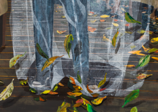 Close-up of an acrylic painting by Hernan Bas. A jeans-clad boy is visible from the knees down. He is standing on a boardwalk in a swamp, with transparent netting shielding him from the elements.