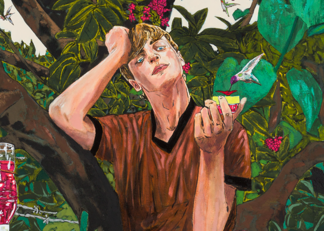Acrylic painting by Hernan Bas. A waifish blonde boy leans against a lush tree adorned with hummingbird feeders. The feeders are filled with a rich red-purple liquid, and the boy holds out one additional feeder in the palm of his hand — a hummingbird hovers above to feed from it. The scene looks idyllic but also slightly morose and surreal. The boy’s expression is impenetrable.