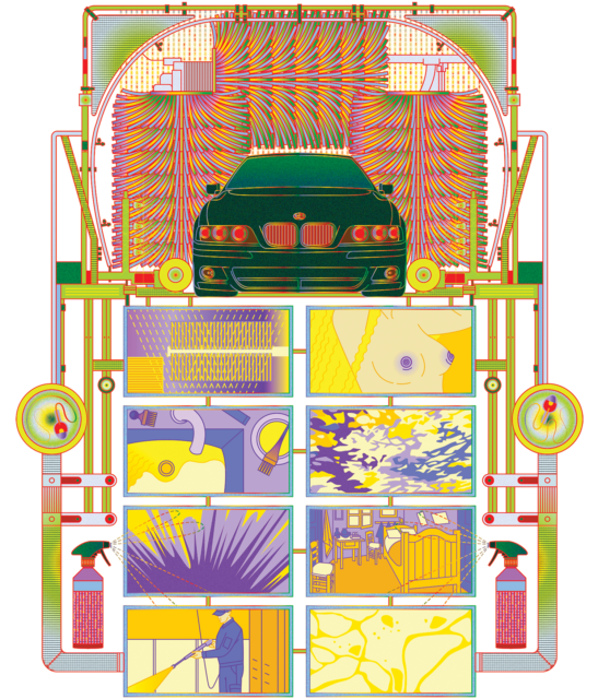 Digital illustration by Brindha Kumar. A BMW 540i makes its way through a car wash, surrounded by brightly colored mitter curtains, at the top of the frame. Below the car wash scene are eight panels showing different images relevant to the story, including a close-up of the protagonist’s purple nipples and reproduction of Van Gogh’s painting The Bedroom.
