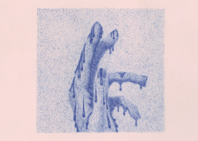 Illustration of a woman's blue hand, dripping, by Dadu Shin