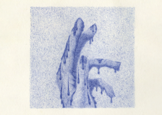 Illustration of a woman's blue hand, dripping, by Dadu Shin