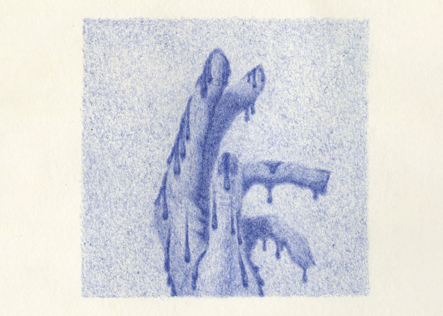 Illustration of a woman's blue hand, dripping, by Dadu Shin