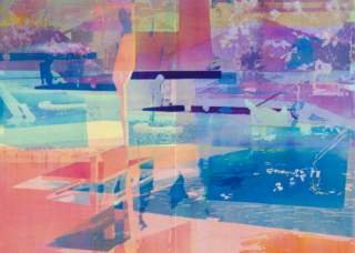 Acrylic painting by Zoe Walsh rendered in bright colors, including cyan, magenta, purple, and orange. The scene is highly abstracted, but mountains are visible in the background, and a pool occupies most of the foreground. The silhouettes of men, variously standing or lounging poolside, are overlaid throughout. The shape and colors of the landscape, pool, and men intersect and flood into each other.